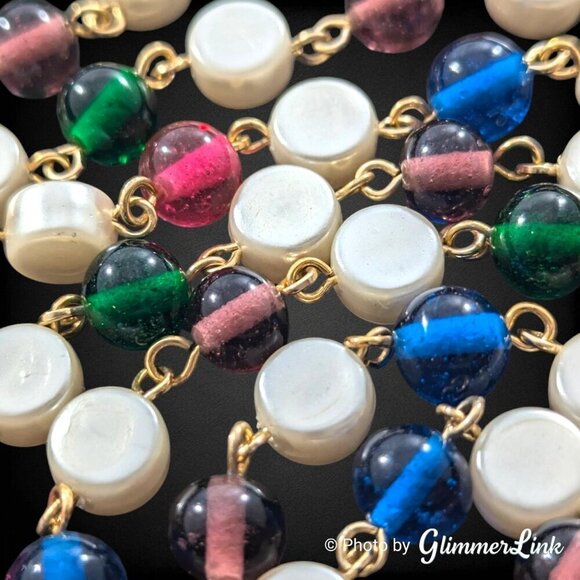 Vintage Long Multicolor Beaded Wire Faux Pearl Flapper Style Gold Tone Necklace - Picture 2 of 11